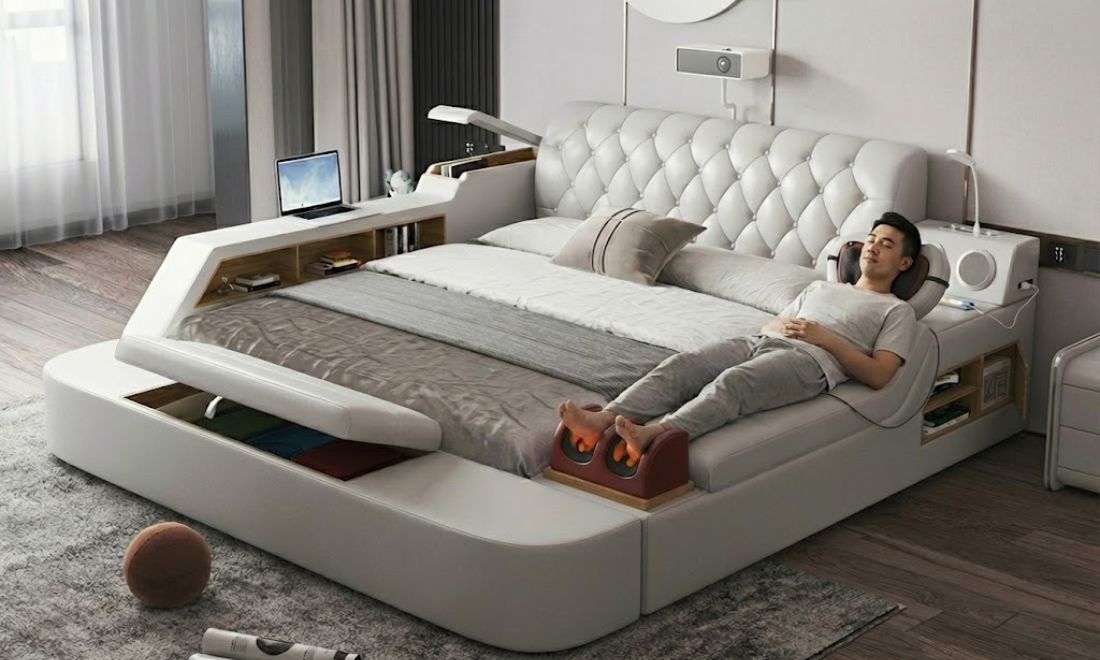 Trên giường massage có bài tập mát xa dành riêng cho vùng chân, bắp chân và đùi 