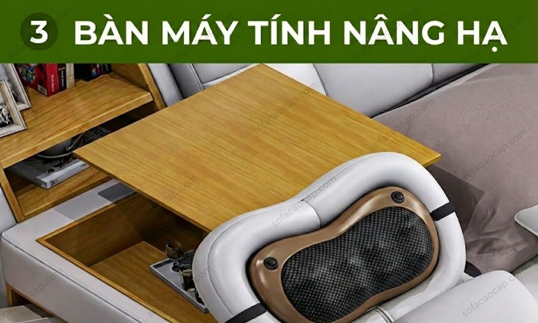Mặt bàn bằng gỗ và cơ chế trục nâng hạ mượt mà tích hợp bên hông giường.