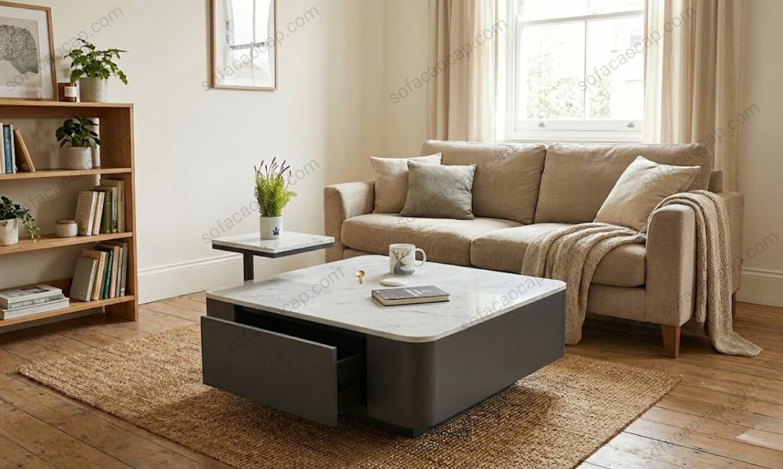 Mẫu 3 - Bàn trà vuông hiện đại với mặt đá chống trầy xước, thiết kế ngăn kéo trượt êm ái 
