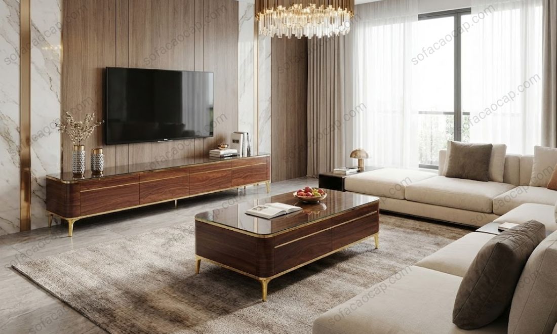 Mẫu 3 - Bàn trà bằng gỗ màu nâu, trang trí thêm bằng chân và đường viền màu vàng nổi bật 