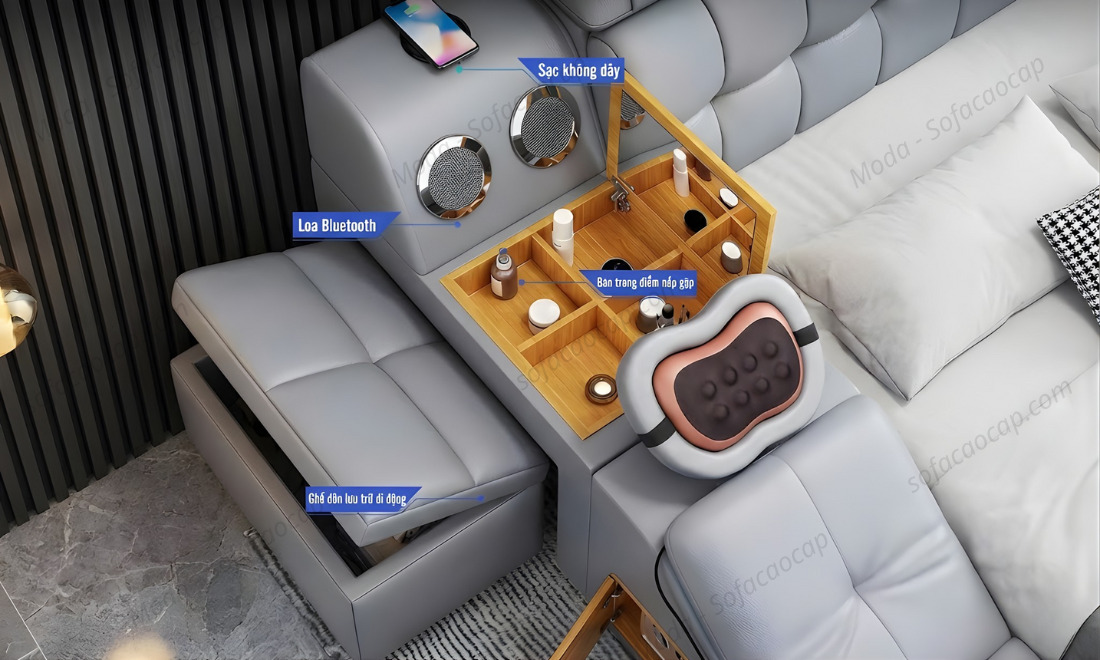 Loa Bluetooth, Bàn trang điểm, cổng sạc USB và ghế đôn di động 