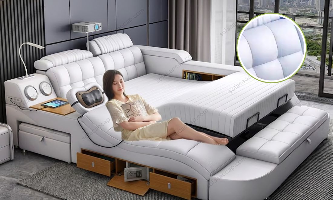 Giường ngủ đa năng nhập khẩu mã GMX022 được bọc bằng da bò thật cao cấp 