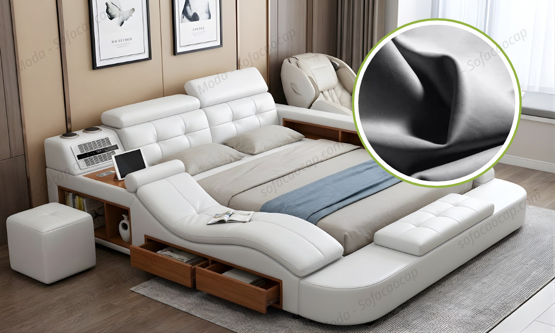 Toàn bộ bề mặt giường đều được bao phủ bởi một lớp da cao cấp 