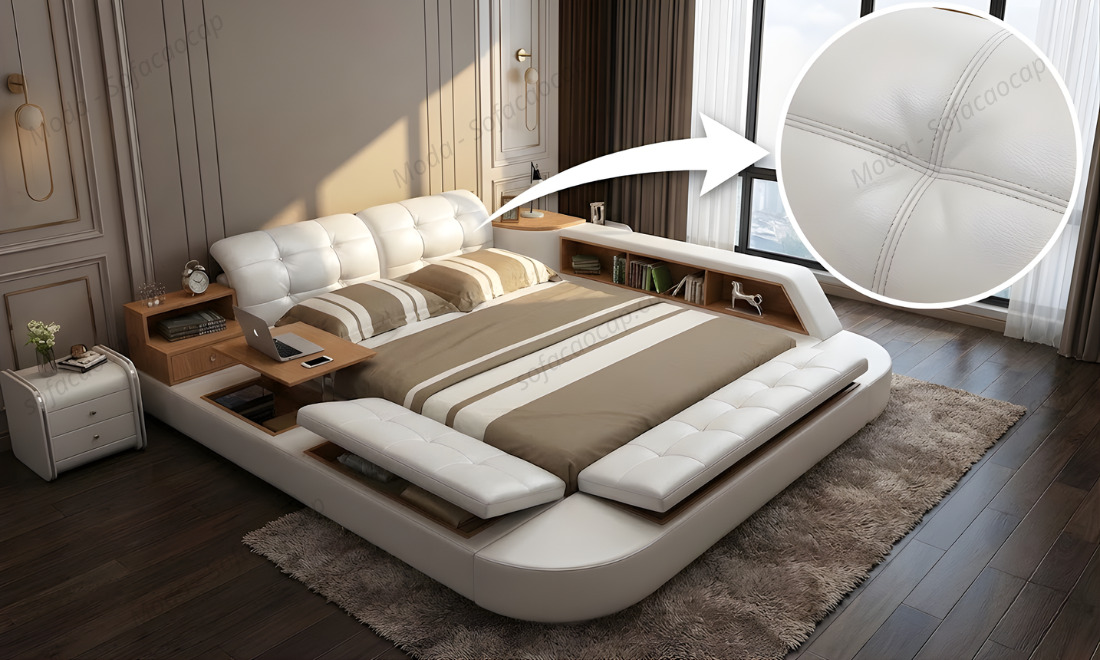 Toàn bộ bề mặt giường đều được bao phủ bằng da cao cấp 