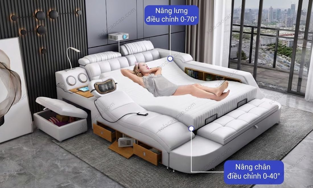 Chế độ nâng đệm phần chân giúp giảm đau nhức của giường ngủ thông minh hiện đại GMX022