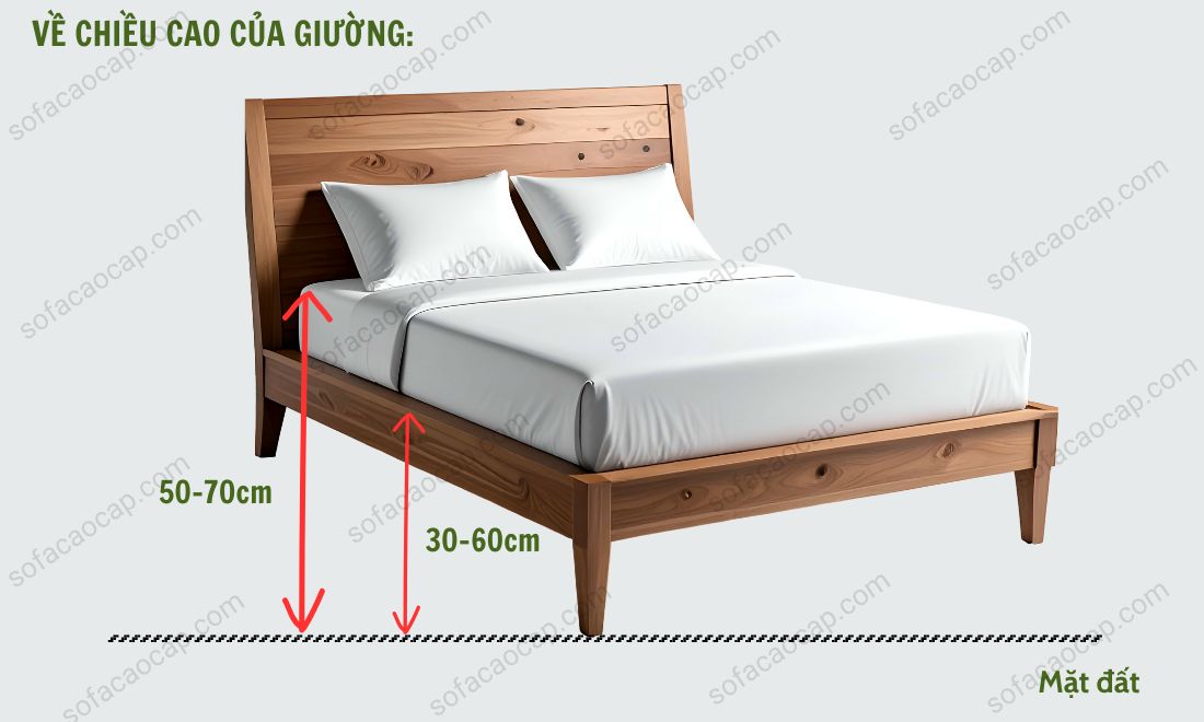 Chiều cao giường 30-60cm (từ thành) hoặc 50-70cm (từ nệm) giúp người già lên xuống dễ dàng, tránh hụt chân