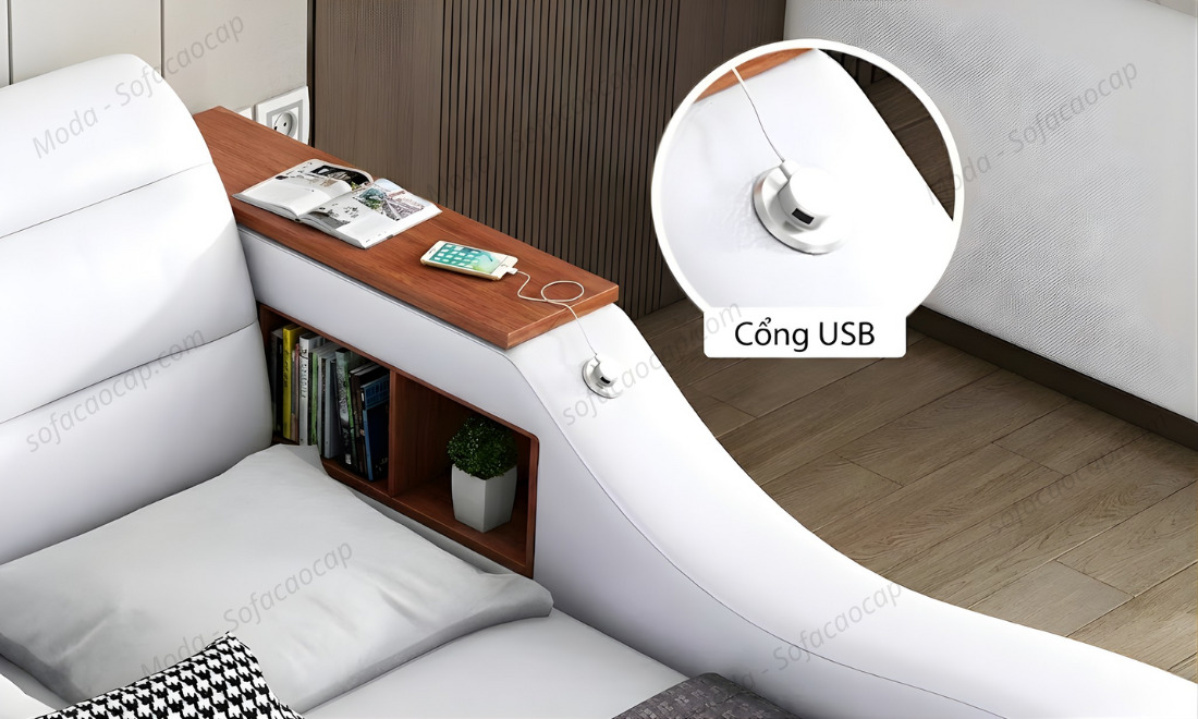 Tủ phụ bên hông giường và cổng sạc USB 
