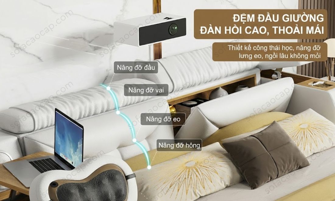 Giường đa năng hiện đại GM24 có phần tựa đầu, tựa lưng phía đầu giường được thiết kế chuẩn công thái học 