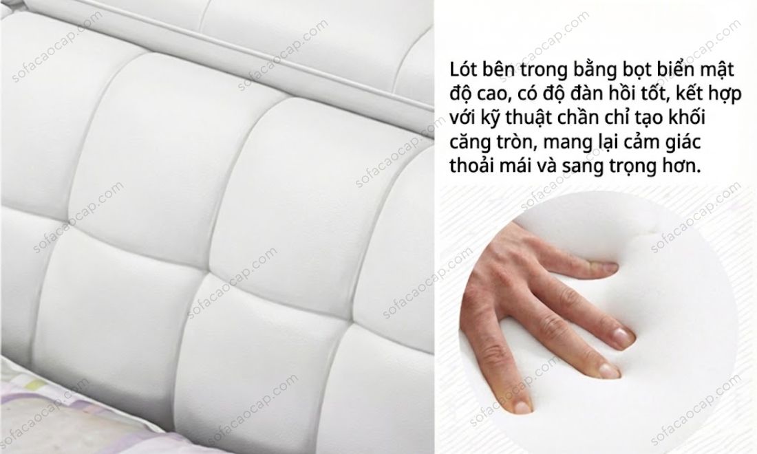 Cận cảnh lớp đệm mút của phần đầu giường GMX046