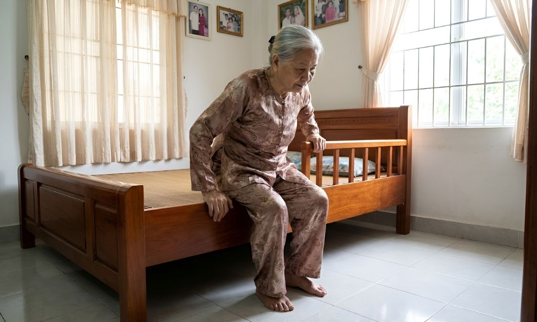 Giường có tay vịn giúp người già có chỗ để bám vào mỗi khi ngồi dậy để đi vệ sinh