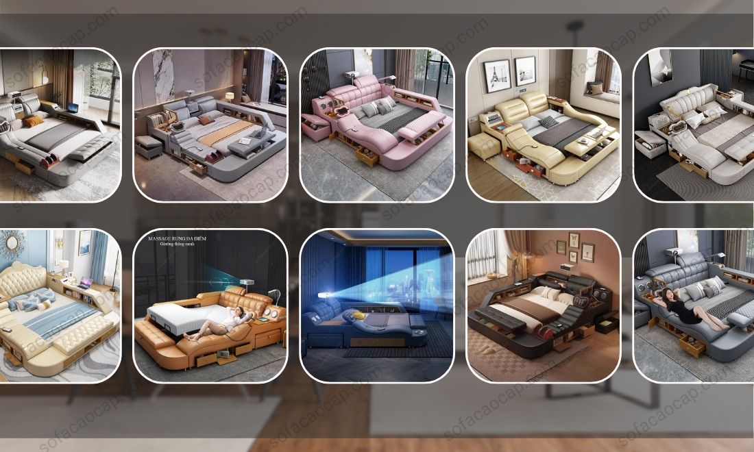 Các mẫu giường massage thông minh tích hợp giường ngủ của nhà Moda đều kèm theo: Máy chiếu phim mini, máy lọc không khí, loa bluetooth, ổ điện cắm sạc, đèn led, bàn làm việc mini, hộc chứa đồ,...