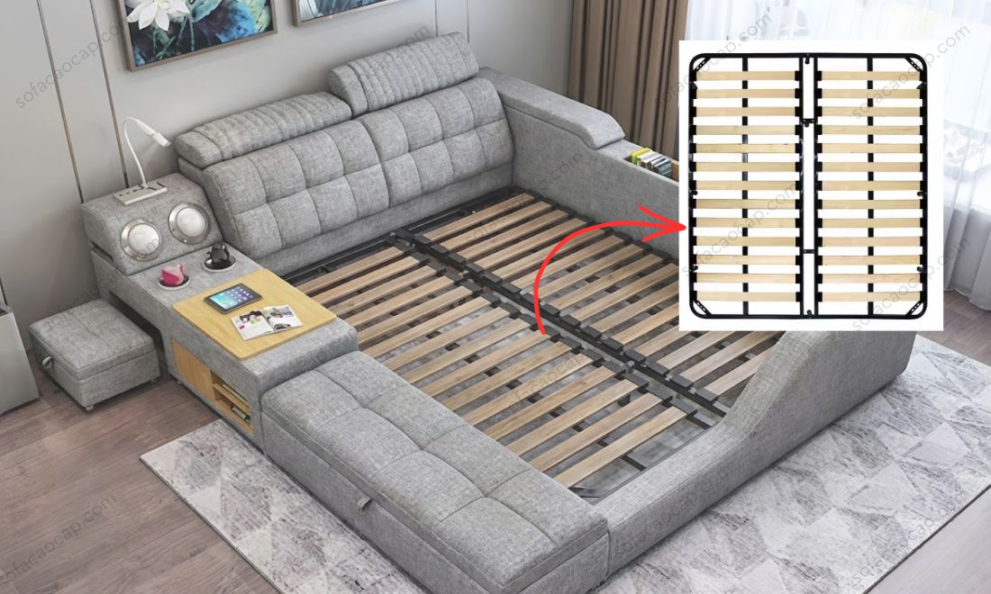 Kết cấu khung nan vững chãi của giường ngủ hiện đại GMX050, đảm bảo khả năng chịu lực bền bỉ cùng thời gian.