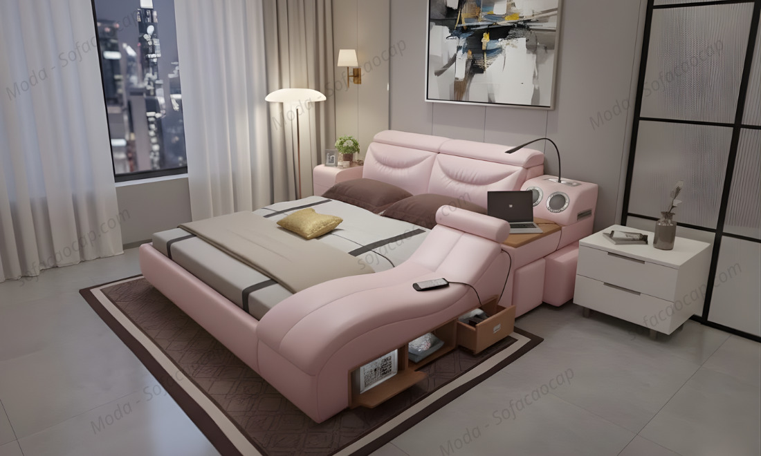 Hình ảnh giường GM038 màu hồng phấn tại nhà chị Yến