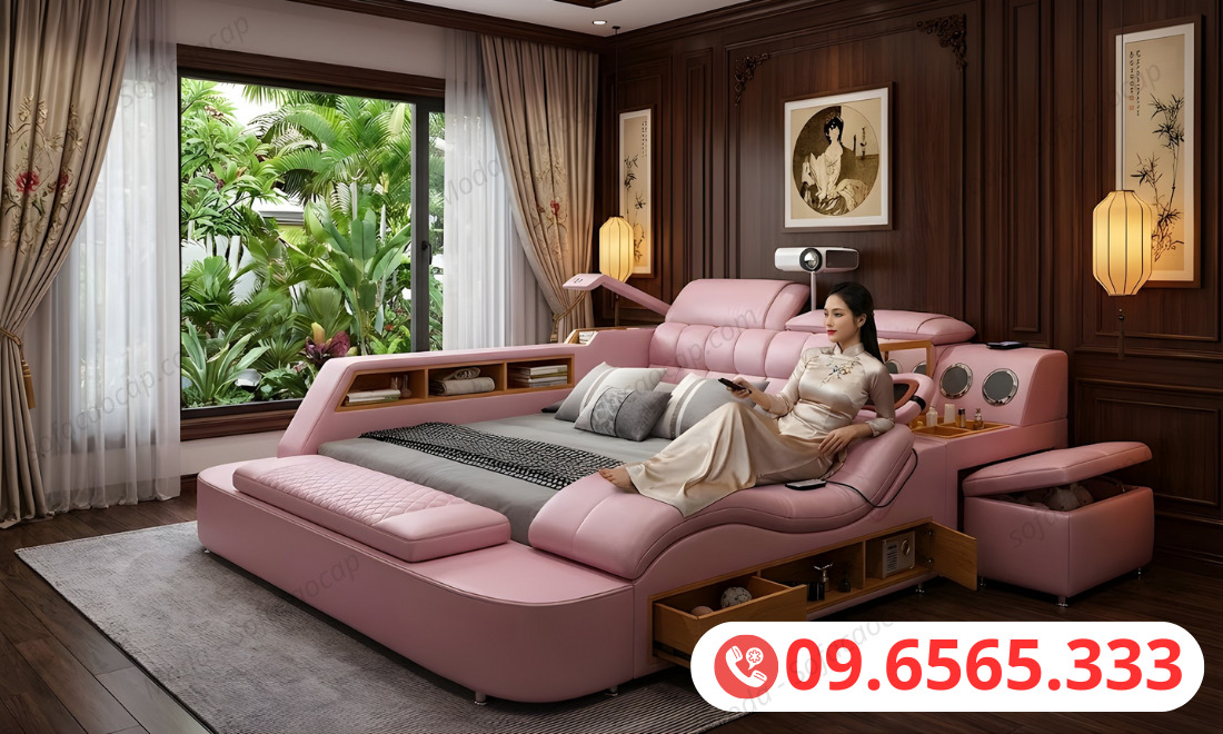 Giường ngủ thông minh có ghế massage GMX 017 màu hồng tại nhà chị Diệu ở Thái Bình 