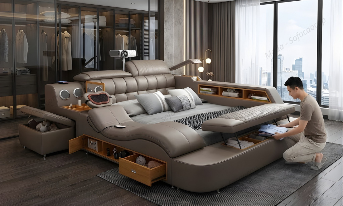 Giường ngủ tích hợp ghế massage GM 018 màu nâu tại nhà anh Hùng ở Hà Nam 