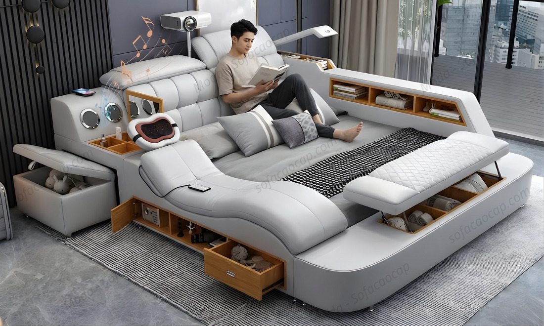 Giường ngủ M-Smart có ghế massage màu xám tại nhà anh Huy ở Hải Phòng 