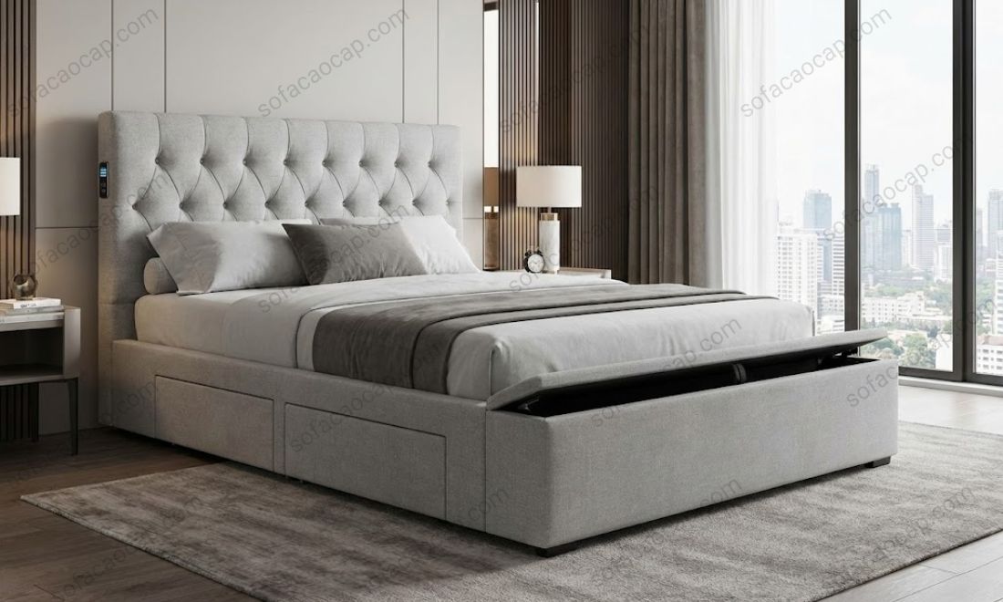Mẫu giường có hộc đựng đồ ở gầm giường phù hợp với phòng ngủ master