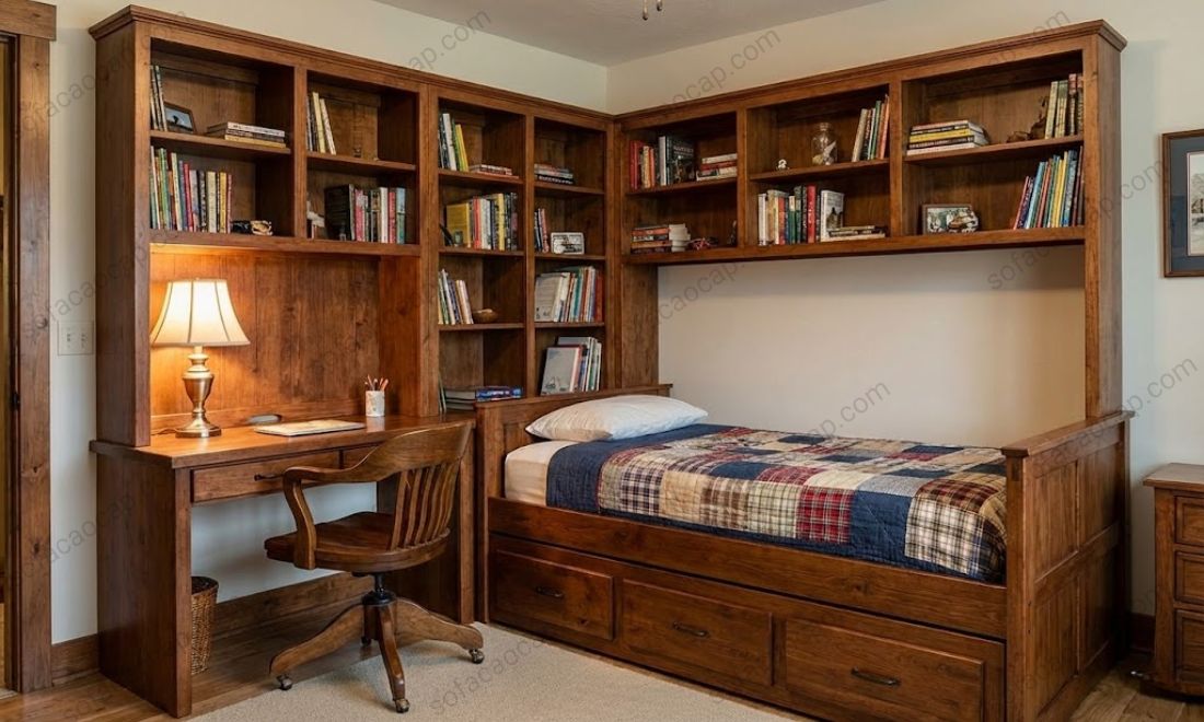 Giường tích hợp tủ sách và bàn làm việc 