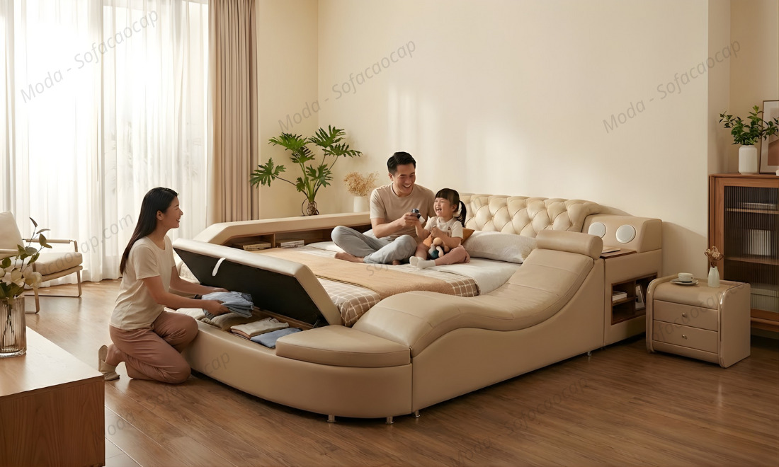 Gường ngủ hiện đại cao cấp tích hợp nhiều tiện ích tại nhà anh Hoàng 