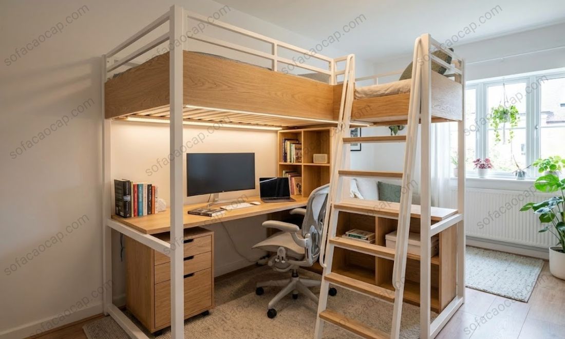 Giường ngủ thông minh hiện đại kết hợp bàn học/bàn làm việc dạng tầng 