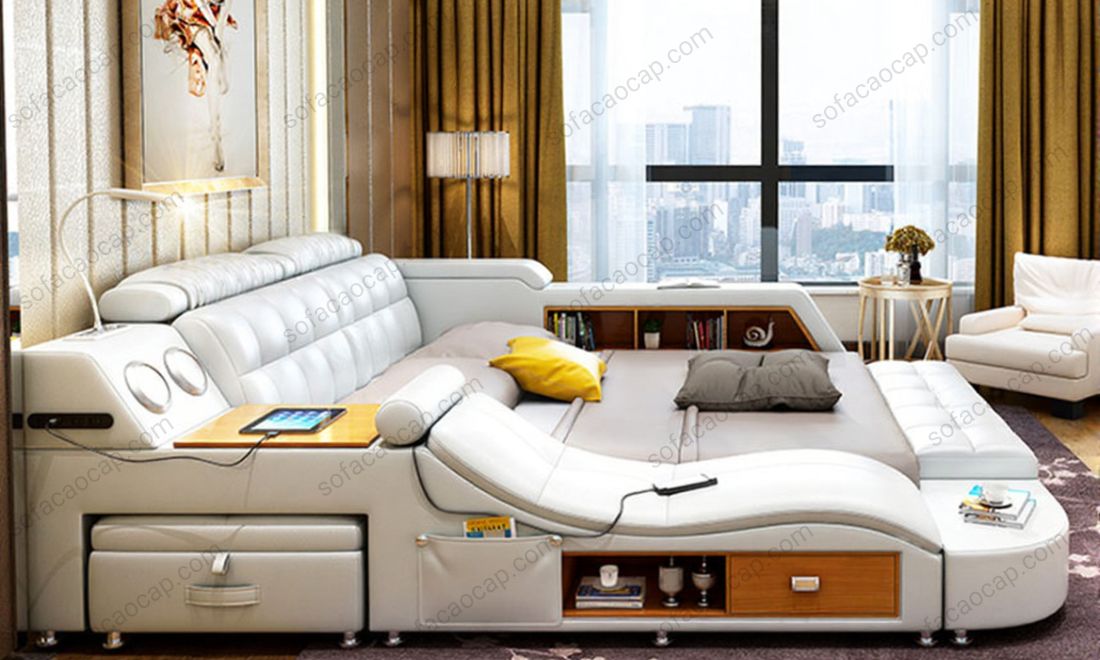 Giường ngủ tích hợp ghế massage màu trắng bọc da cao cấp có két sắt mini, bàn làm việc, đèn led, loa bluetooth,...