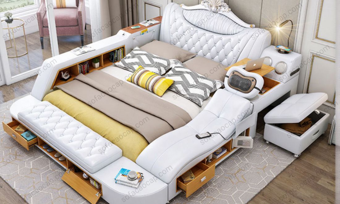 Một mẫu giường ngủ massage màu trắng bọc da khác đang là best seller tại Moda 