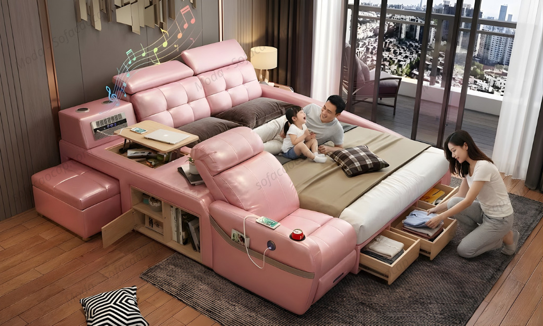 Hình ảnh cả gia đình nhà anh Linh (Long Biên, Hà Nội) bên giường ngủ thông minh hiện đại GM039