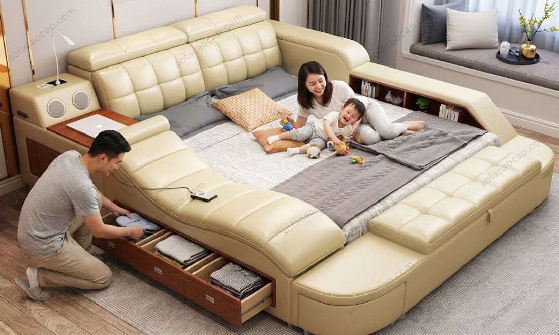 Hình ảnh gia đình nhà anh Hùng trong căn hộ Penthouse tại Quận 1, TPHCM đang nghỉ ngơi trên giường GMX046. 