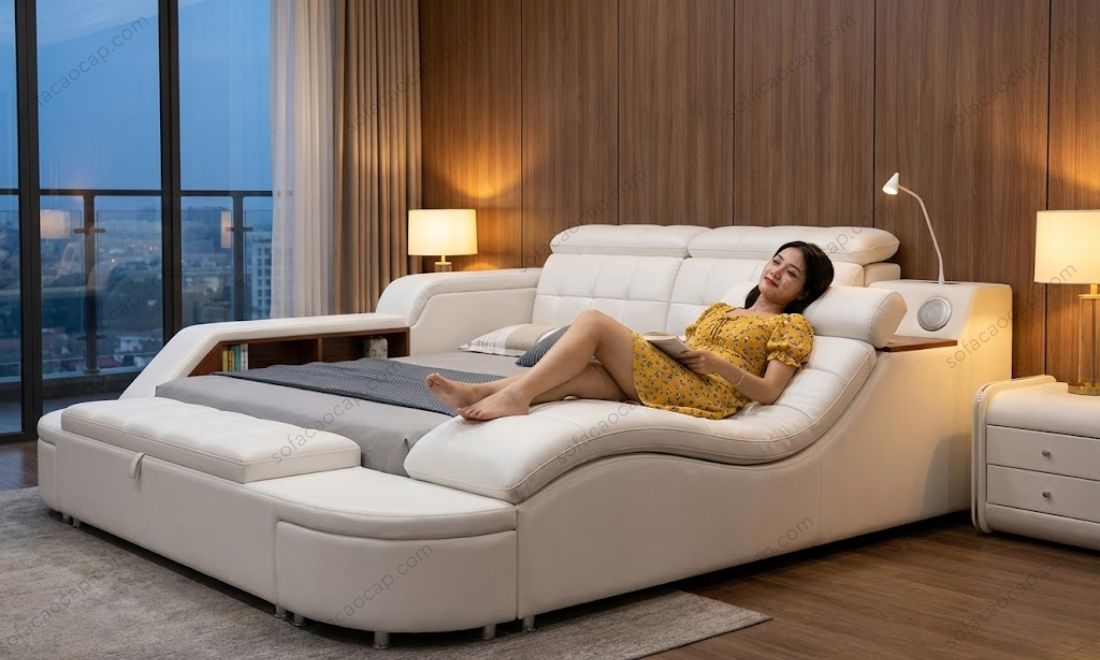 Hình ảnh chị Lan 35 tuổi là nhân viên ngân hàng, đang sống ở chung cư Park City, Hà Đông, Hà Nội đang nằm thư giãn trên ghế massage của GMX046 sau 1 ngày dài làm việc. 