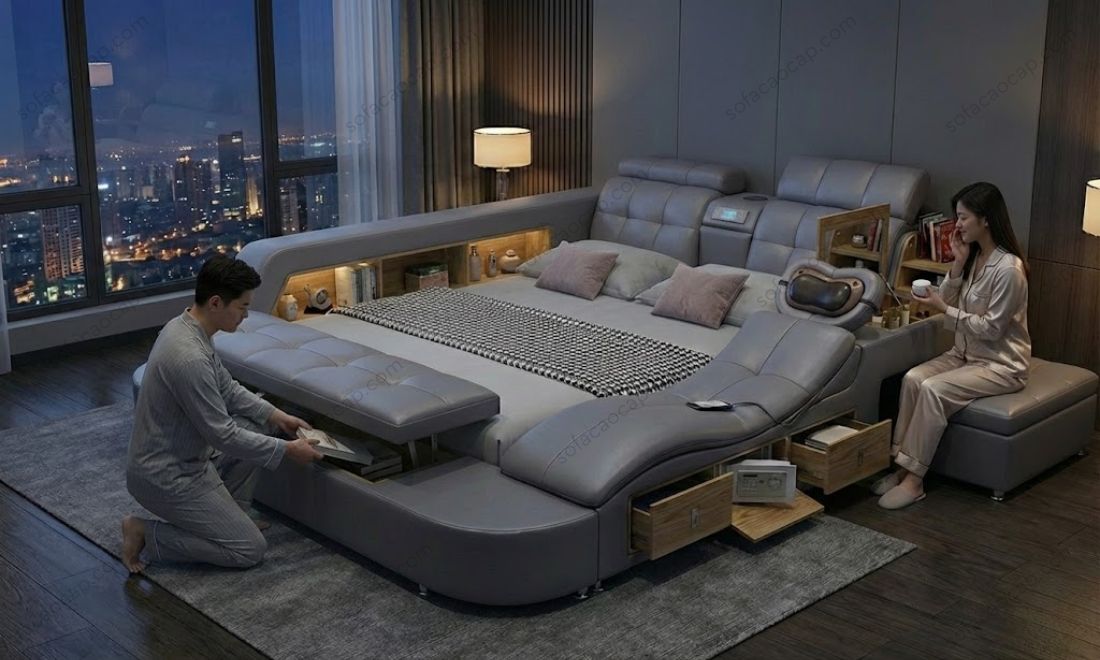 Nhờ thiết kế thông minh, giường GMX044 đã giúp căn phòng ngủ của vợ chồng chị Hảo trông gọn gàng hơn nhưng vẫn đáp ứng đủ nhu cầu sử dụng 