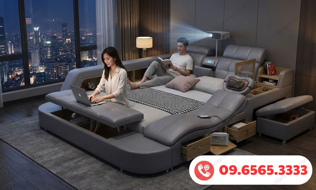 Thói quen đặt laptop trên ghế băng cuối giường để check nốt công việc hay dựa người vào đệm tựa đầu giường đã trở thành thói quen mỗi tối của vợ chồng chị Mai 