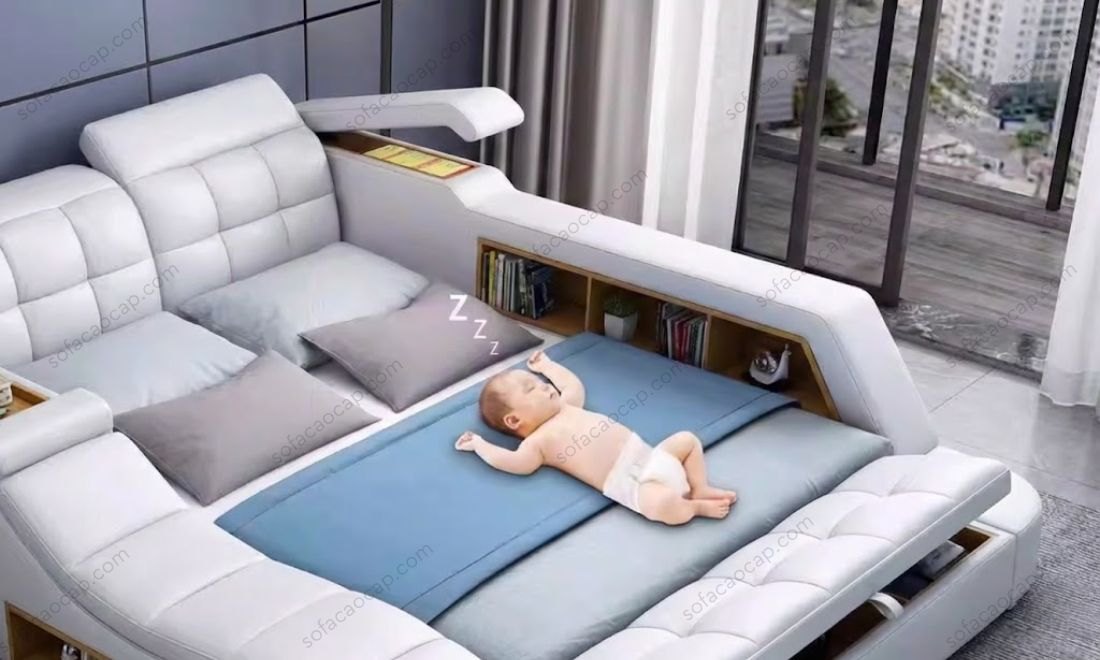 Tủ bên hông giường kết hợp thành giường cao của giường ngủ GMX022 kết hợp ghế massage cao cấp 