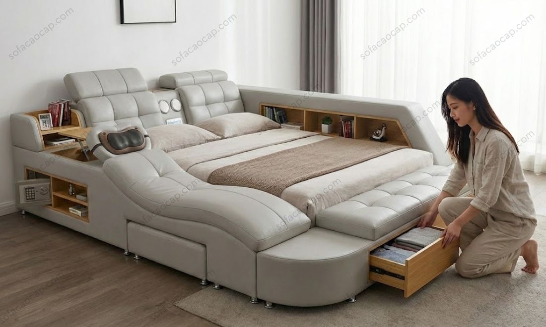 Anh chị có thể cất vào giày, quần áo, vỏ gối, vỏ chăn hay những đồ vật ít khi sử dụng vào trong hộc tủ cuối giường 