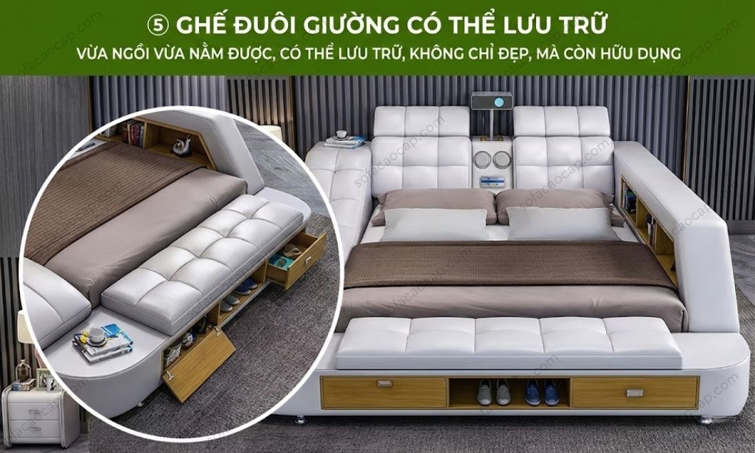 Ghế băng dài bọc da cuối giường với phần nắp mở tích hợp ngăn chứa rộng rãi.