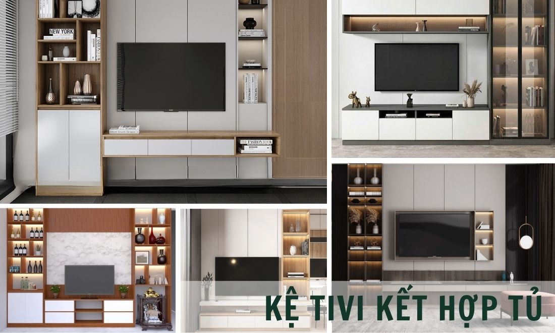 Kệ ti vi kết hợp với tủ là loại mà ngoài để tivi còn có tủ để rượu, sách, huy chương hay các món đồ lưu niệm khác 
