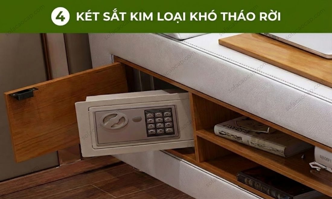 Két sắt kim loại với khóa mã số chắc chắn, bám trụ kiên cố vào khung giường.
