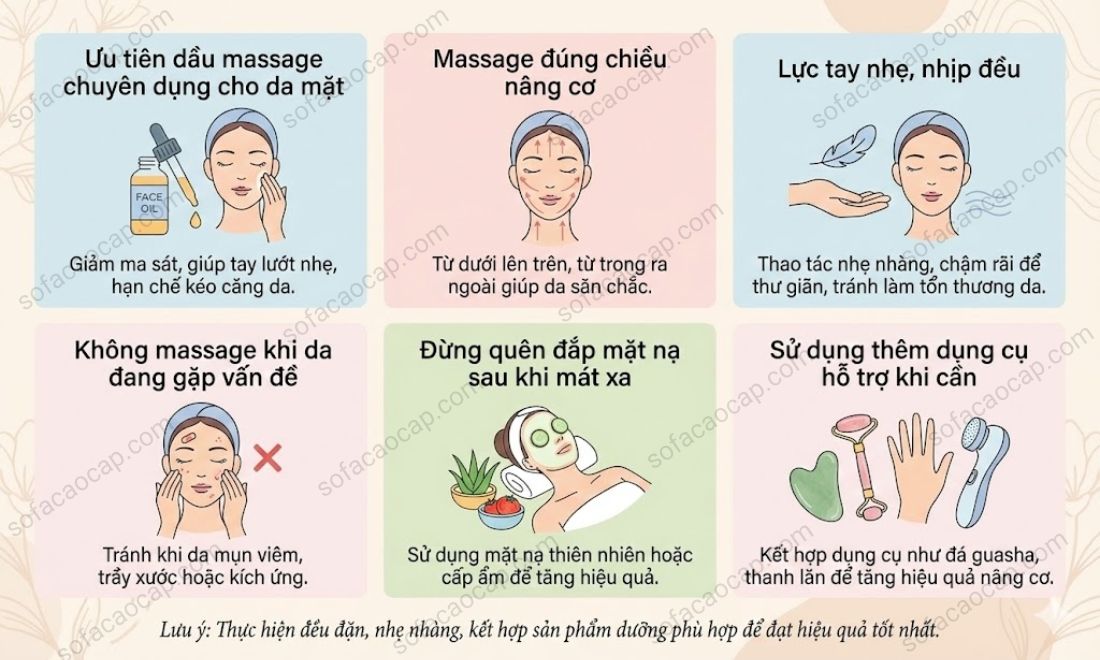 Đừng quên thực hiện đúng chiều, dùng lực tay đều và đắp thêm mặt nạ sau khi mát xa mặt xong để hiệu quả mang lại là cao nhất 