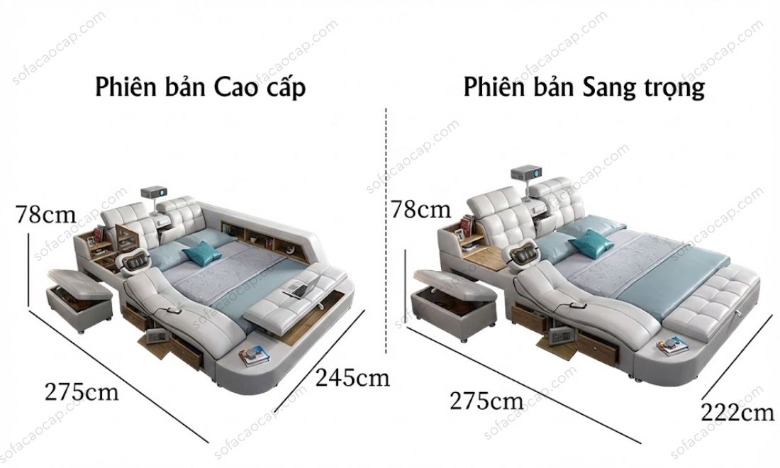 Giường ngủ massage cao cấp đa năng GMX044 sở hữu 2 bản kích thước là: 1m5*2m và 1m8*2m 