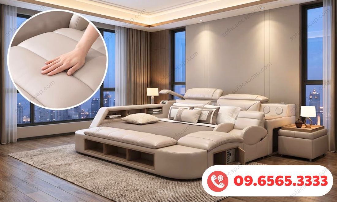 Giường ngủ massage GMX51 sở hữu chất liệu da bò mềm mướt, dẻo dai 