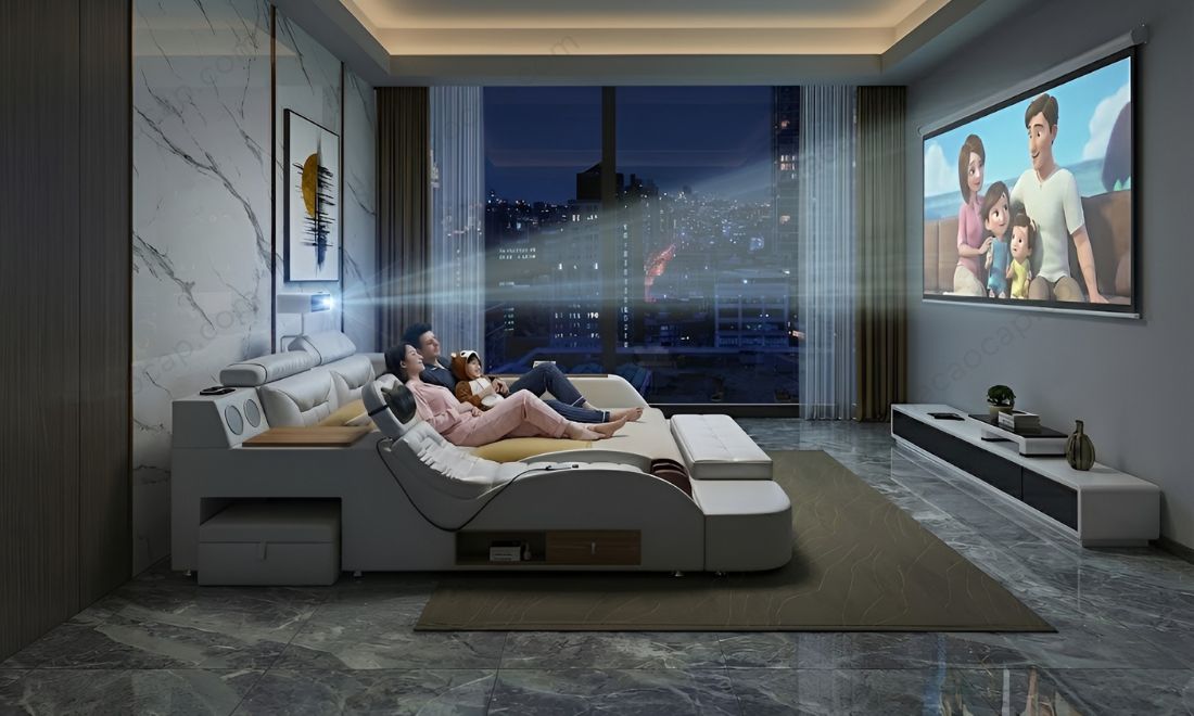 Giường ngủ massage cao cấp GMX24 đi kèm máy chiếu phim mini ở đầu giường 