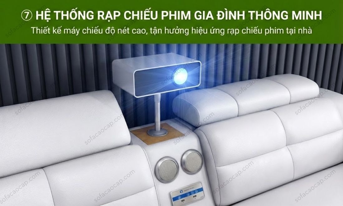 Máy chiếu mini độ phân giải cao được gắn chắc chắn trên giá đỡ tại đầu giường.