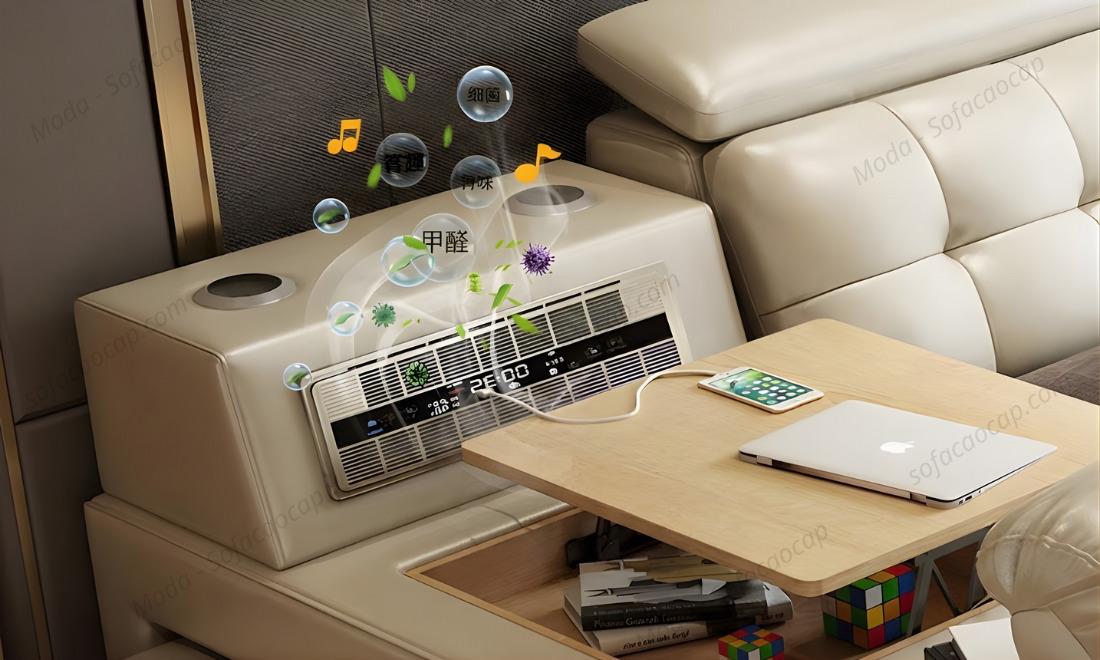 Giường ngủ massage thông minh GM039 tích hợp máy lọc không khí hiện đại ở đầu giường 