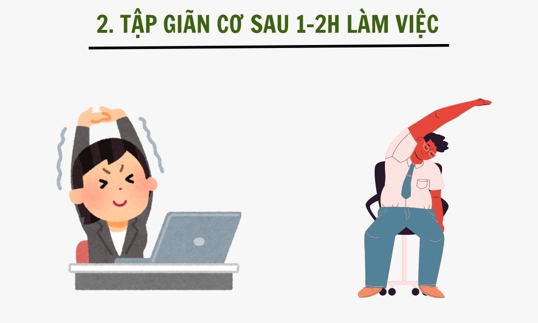 Đừng ngồi ì mãi một chỗ, hãy đứng dậy, đai lại vài vòng quanh văn phòng, trò chuyện để giảm tải cho não, đồng thời thực hiện vài động tác giãn cơ để cơ thể được thoải mái, thư giãn 