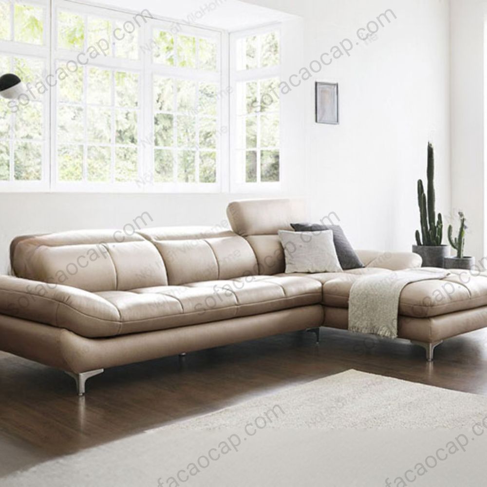 Sofa Góc Chữ L Màu Kem Da Nhập Khẩu Cao Cấp