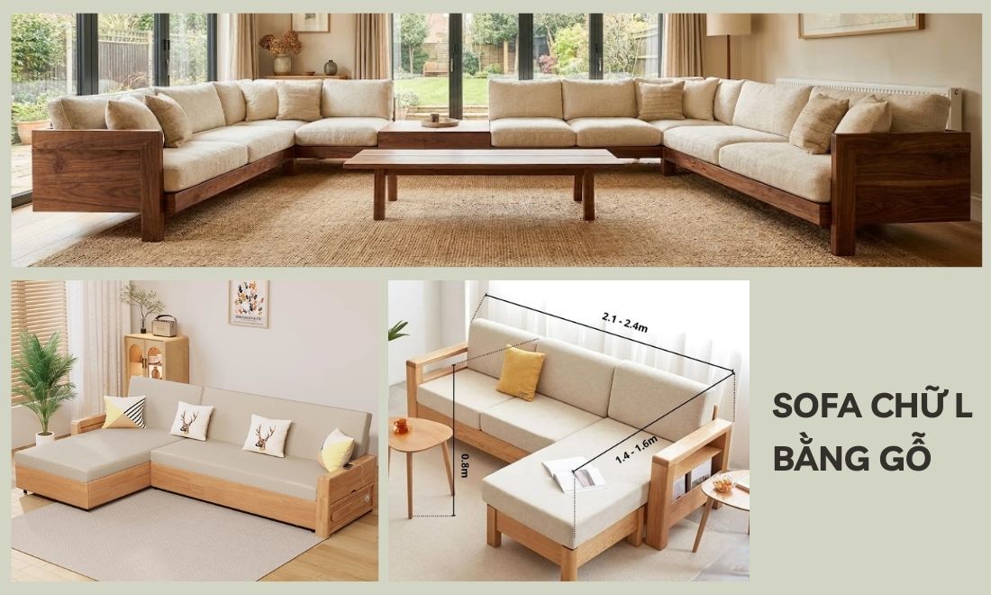 Sofa góc hình chữ L bằng gỗ cũng được các gia đình Việt ưa chuộng không kém cạnh hai mẫu ở trên 