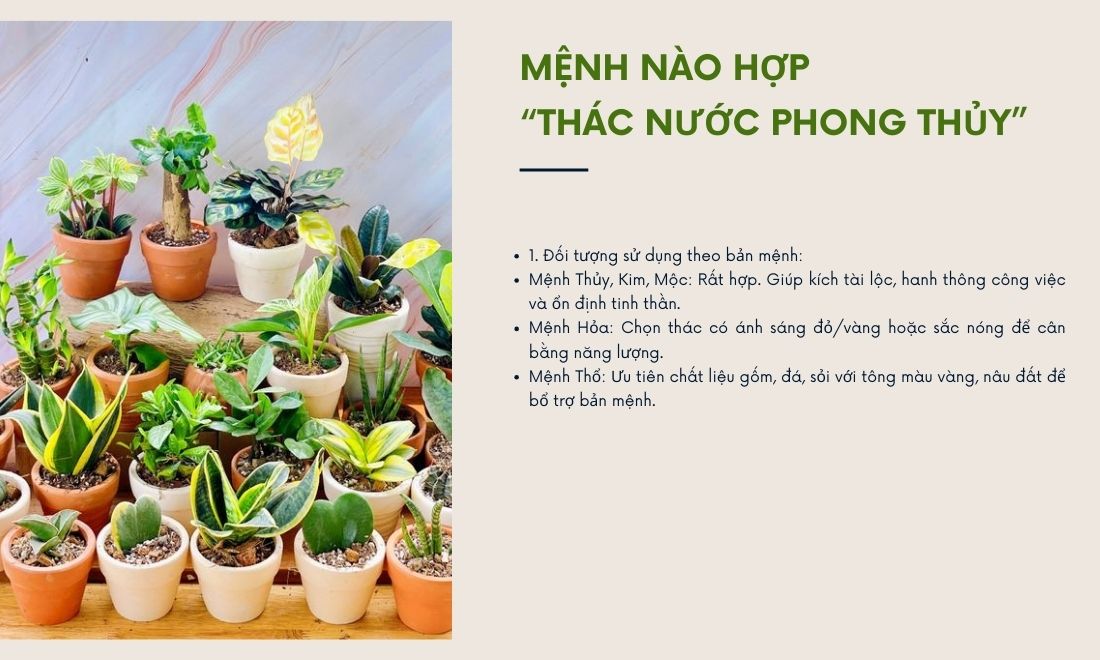 Thực tế, mệnh nào cũng có thể chơi thác nước phong thủy nếu thích, tuy nhiên đối với mệnh Hỏa, Thổ thì cần lưu ý tới màu sắc để không bị tương khác