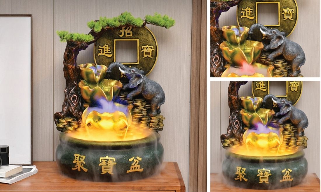 Tiểu cảnh thác nước hũ vàng tài lộc mini để bàn làm việc 