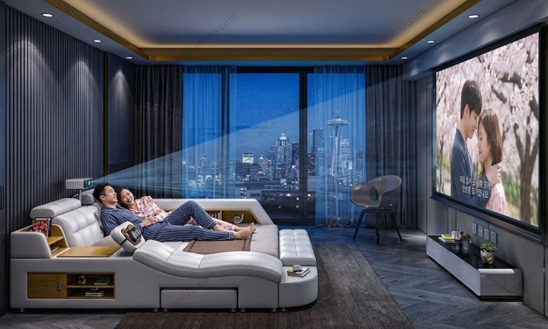 Còn gì tuyệt vời hơn việc vào thứ bảy hàng tuần, hai vợ chồng cùng nằm trên giường ôm nhau, lai rai tí mồi và xem phim màn hình to, âm thanh sống động, trải nghiệm siêu thực ngay tại nhà mà chẳng cần chen chúc ngoài rạp 