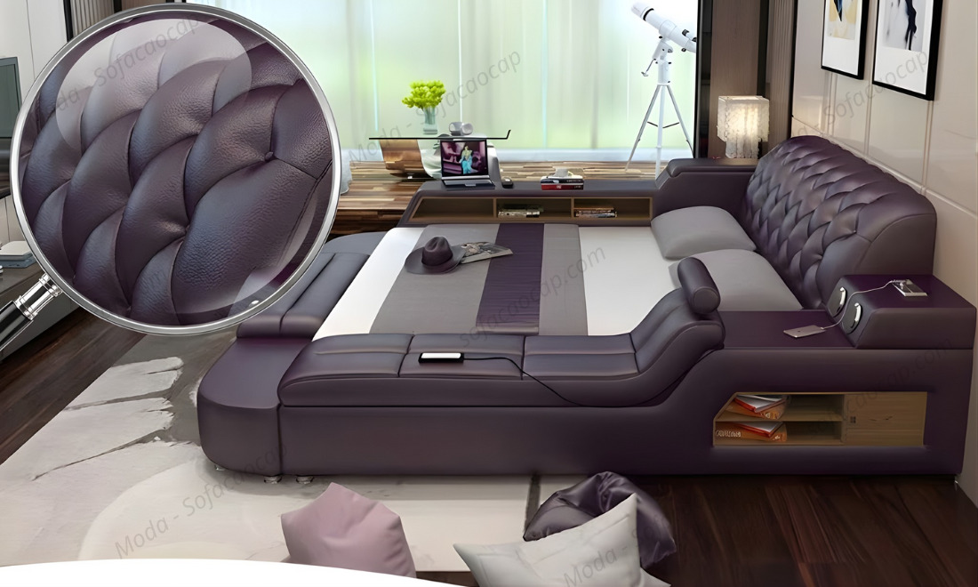 Da bao phủ toàn bộ bề mặt giường là da cao cấp, thoáng khí, chống thấm tốt