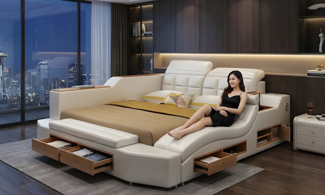 Giường ngủ Smart có ghế massage GM 032 màu trắng tại nhà chị Hòa ở Hưng Yên 